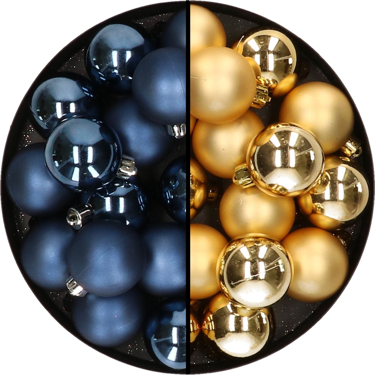 Kunststof kerstballen mix van donkerblauw en goud, 4 cm.