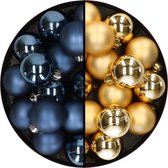 32x stuks kunststof kerstballen mix van donkerblauw en goud 4 cm - Kerstversiering