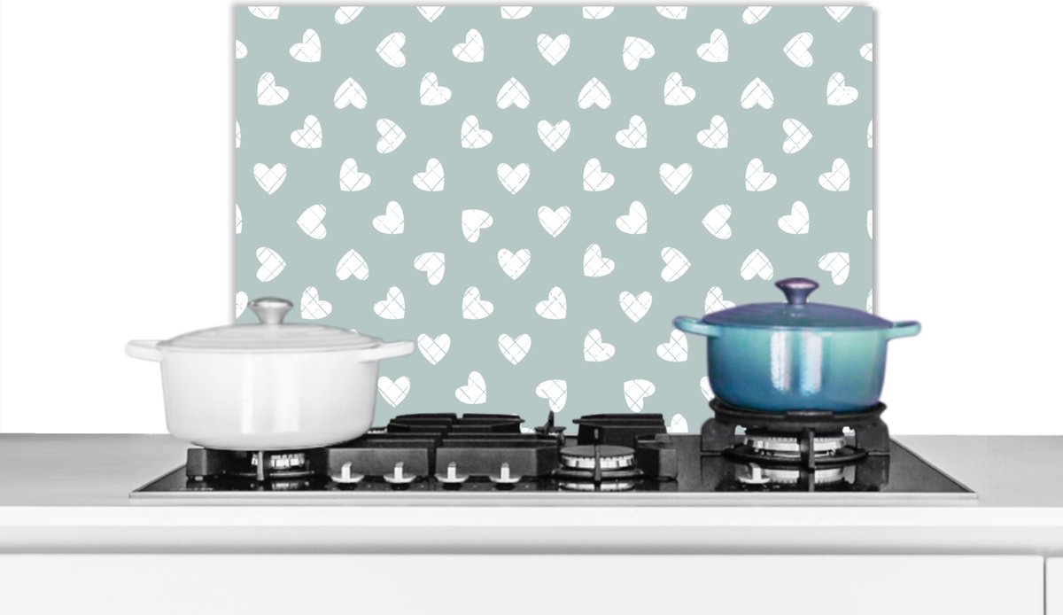 Spatscherm - Keuken achterwand - Keuken - Patronen - Hart - Groen - Wit - 60x40 cm - Spatwand