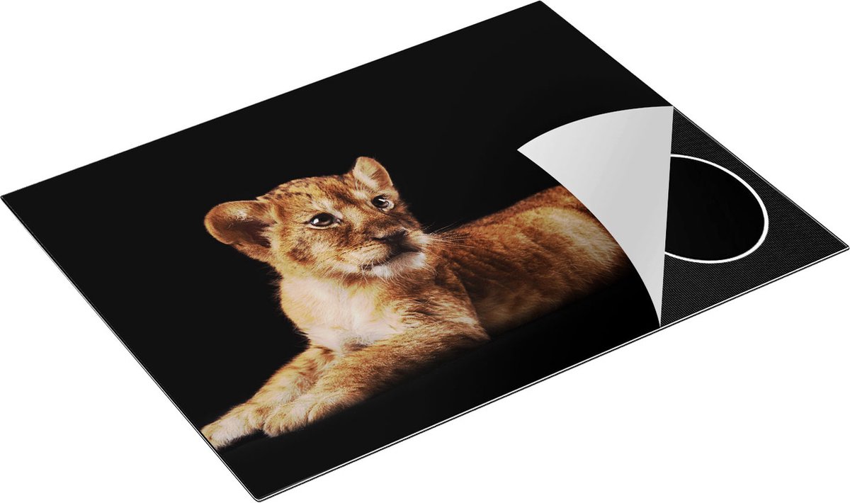 Chefcare Inductie Beschermer Leeuwen Welp op het Zwart - Baby Leeuw - 77x59 cm - Afdekplaat Inductie - Kookplaat Beschermer - Inductie Mat