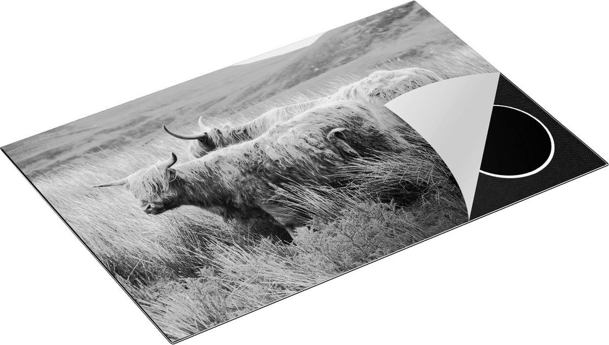 Chefcare Inductie Beschermer Twee Schotse Hooglanders in het Heuvelvelachtige Veld - Zwart Wit - 83x51,5 cm - Afdekplaat Inductie - Kookplaat Beschermer - Inductie Mat