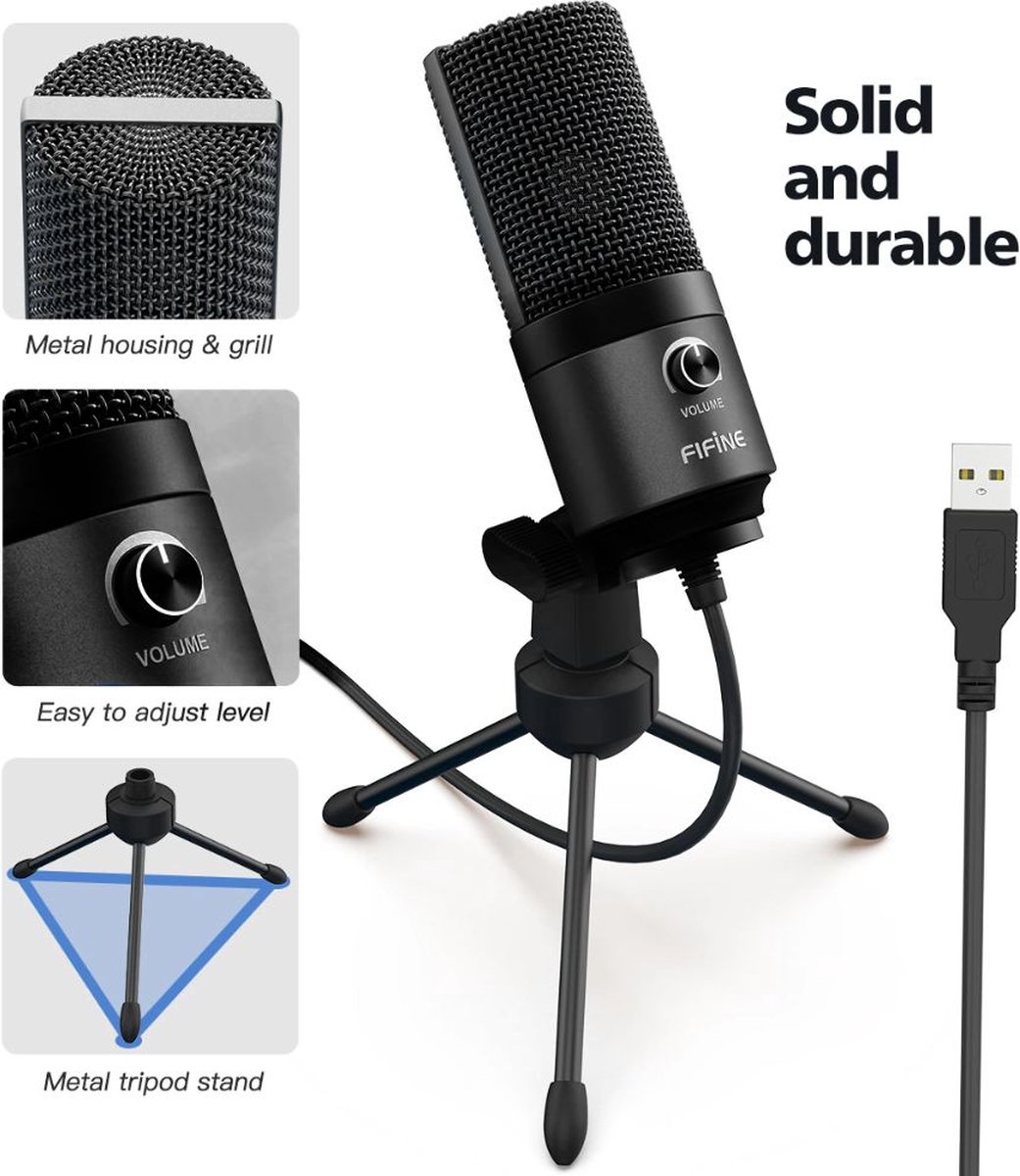 Professionele microfoon | Voor podcast, video's, streaming, karaoke | USB verbinding | Met standaard