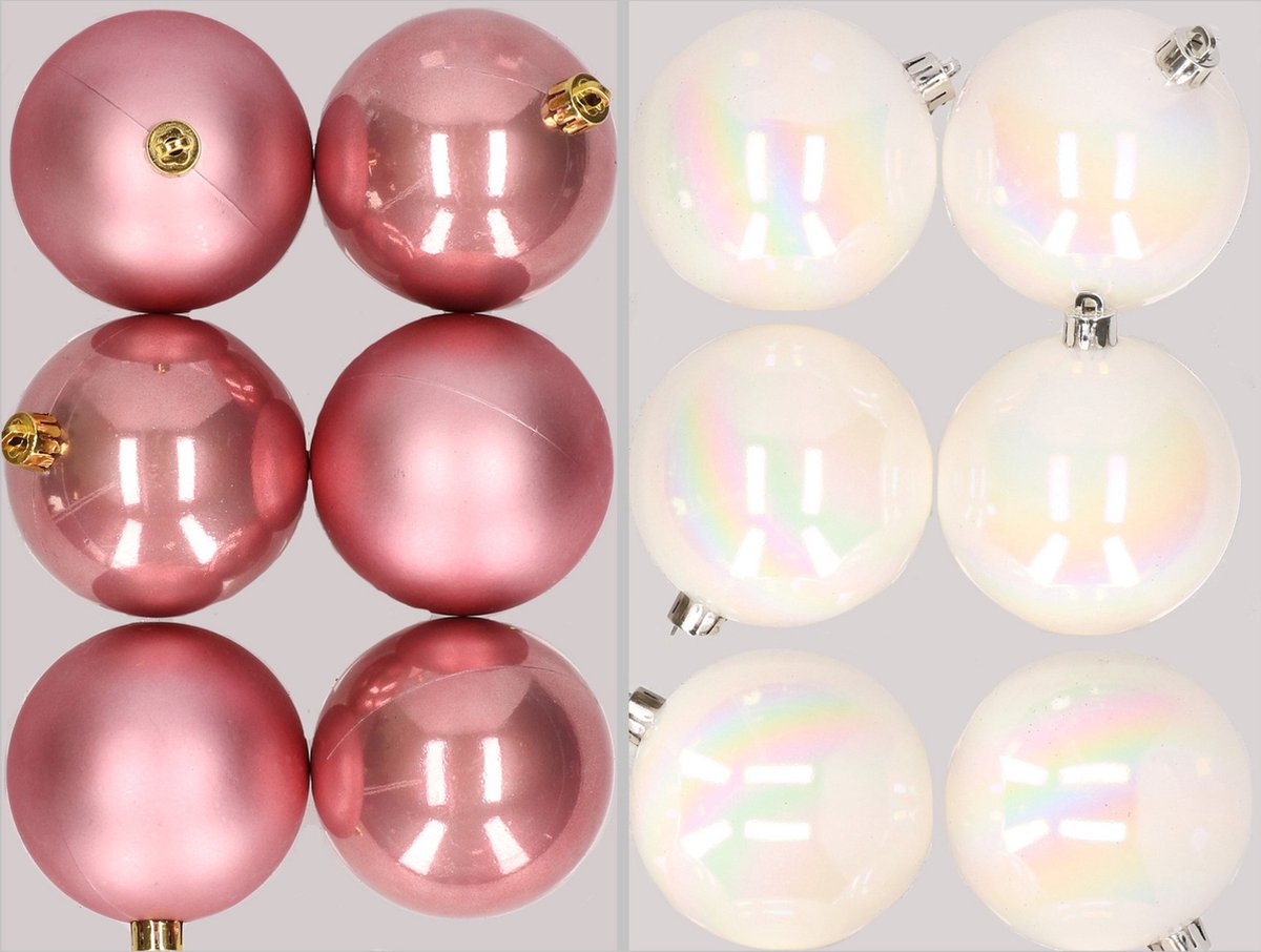 12x stuks kunststof kerstballen mix van oudroze en parelmoer wit 8 cm - Kerstversiering