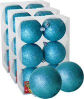 18x stuks kerstballen ijsblauw glitters kunststof diameter 8 cm - Kerstboom versiering