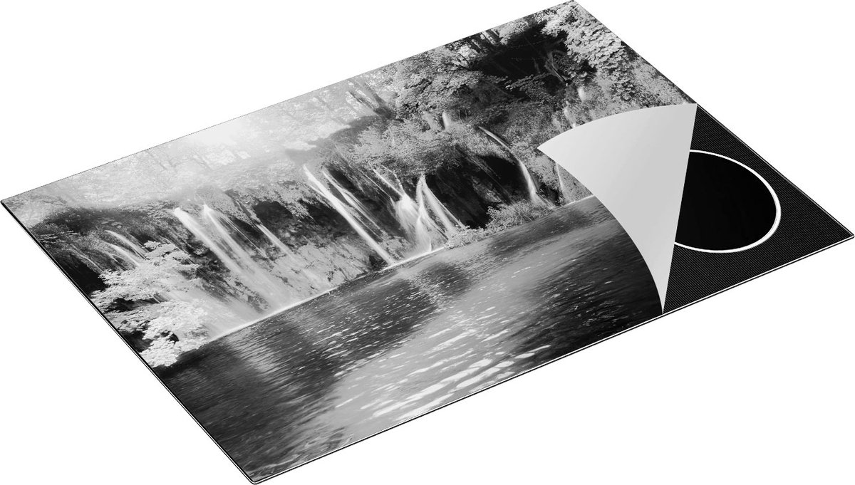 Chefcare Inductie Beschermer Waterval met Roze en Groene Bloemen - Zwart Wit - 75x52 cm - Afdekplaat Inductie - Kookplaat Beschermer - Inductie Mat