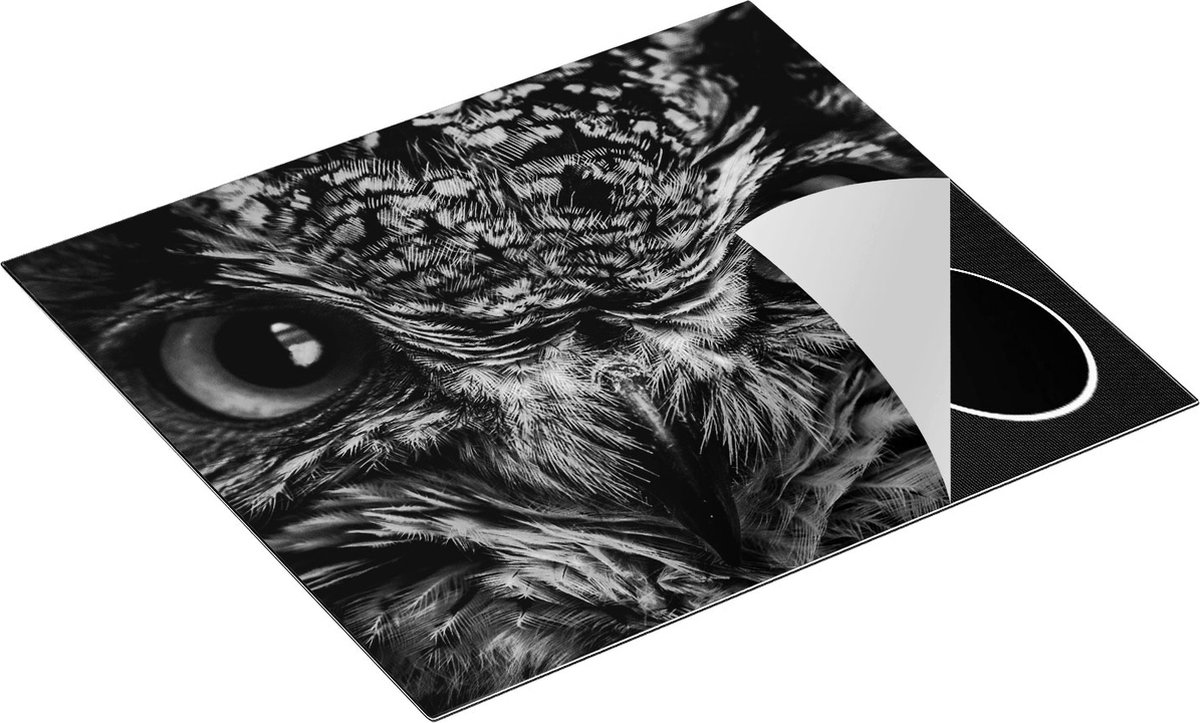 Chefcare Inductie Beschermer Uilenkop met Gele Ogen - Uil - Zwart Wit - 57,6x51,6 cm - Afdekplaat Inductie - Kookplaat Beschermer - Inductie Mat