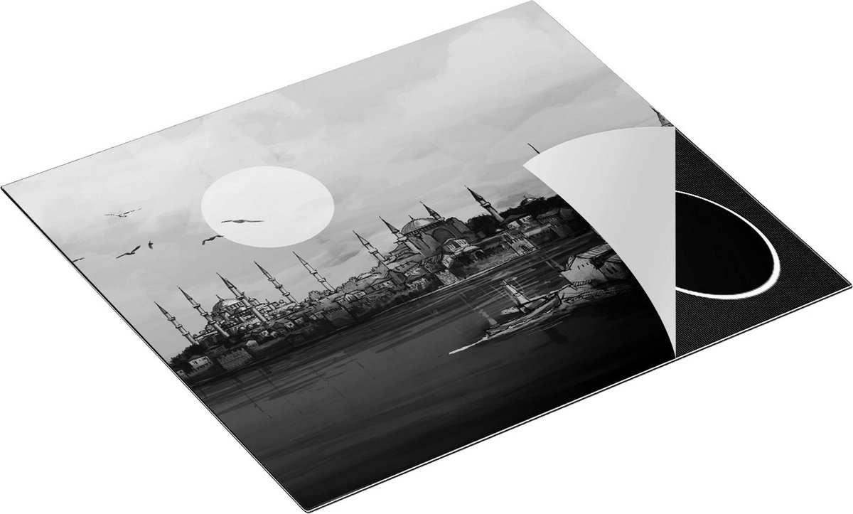 Chefcare Inductie Beschermer Illustratie van de Maiden's Tower in Istanbul - Zwart Wit - 59x52 cm - Afdekplaat Inductie - Kookplaat Beschermer - Inductie Mat