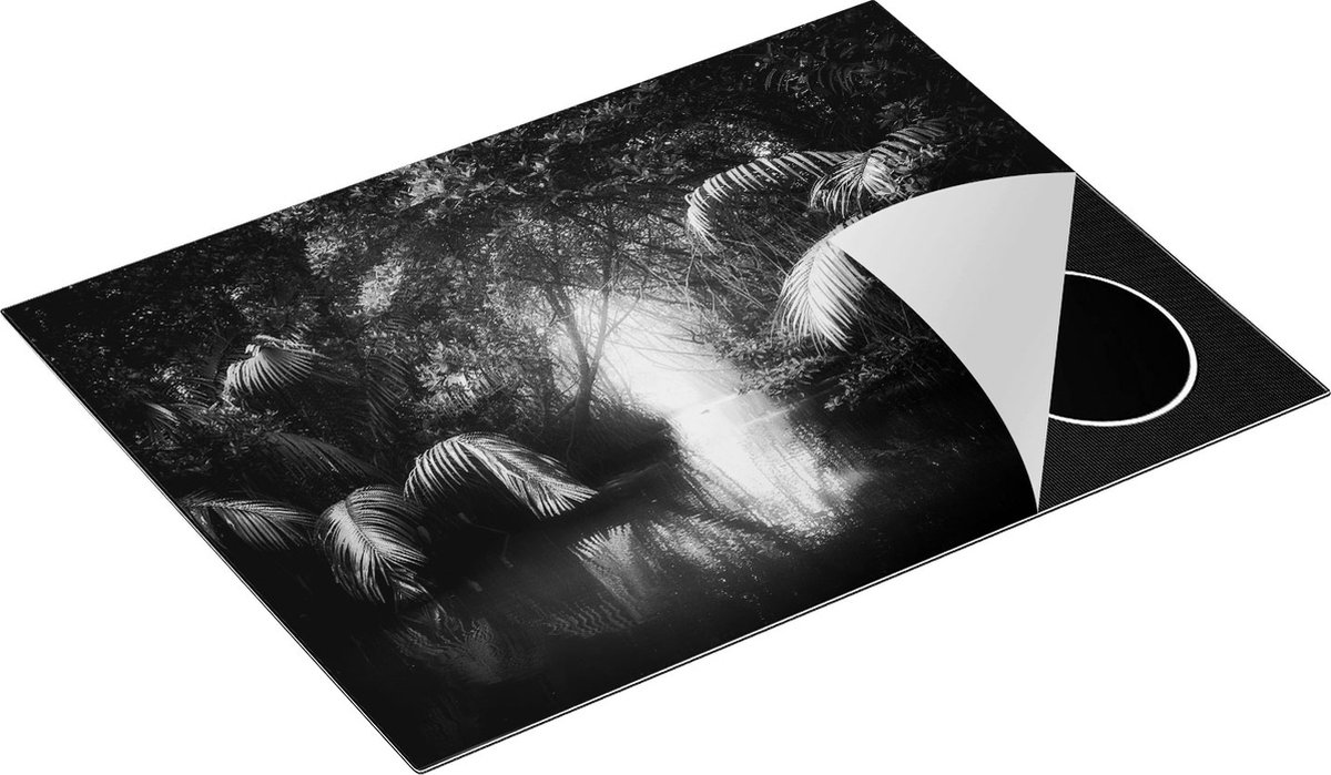 Chefcare Inductie Beschermer Tropische Jungle met een Turquoise Meer - Zwart Wit - 71x52 cm - Afdekplaat Inductie - Kookplaat Beschermer - Inductie Mat