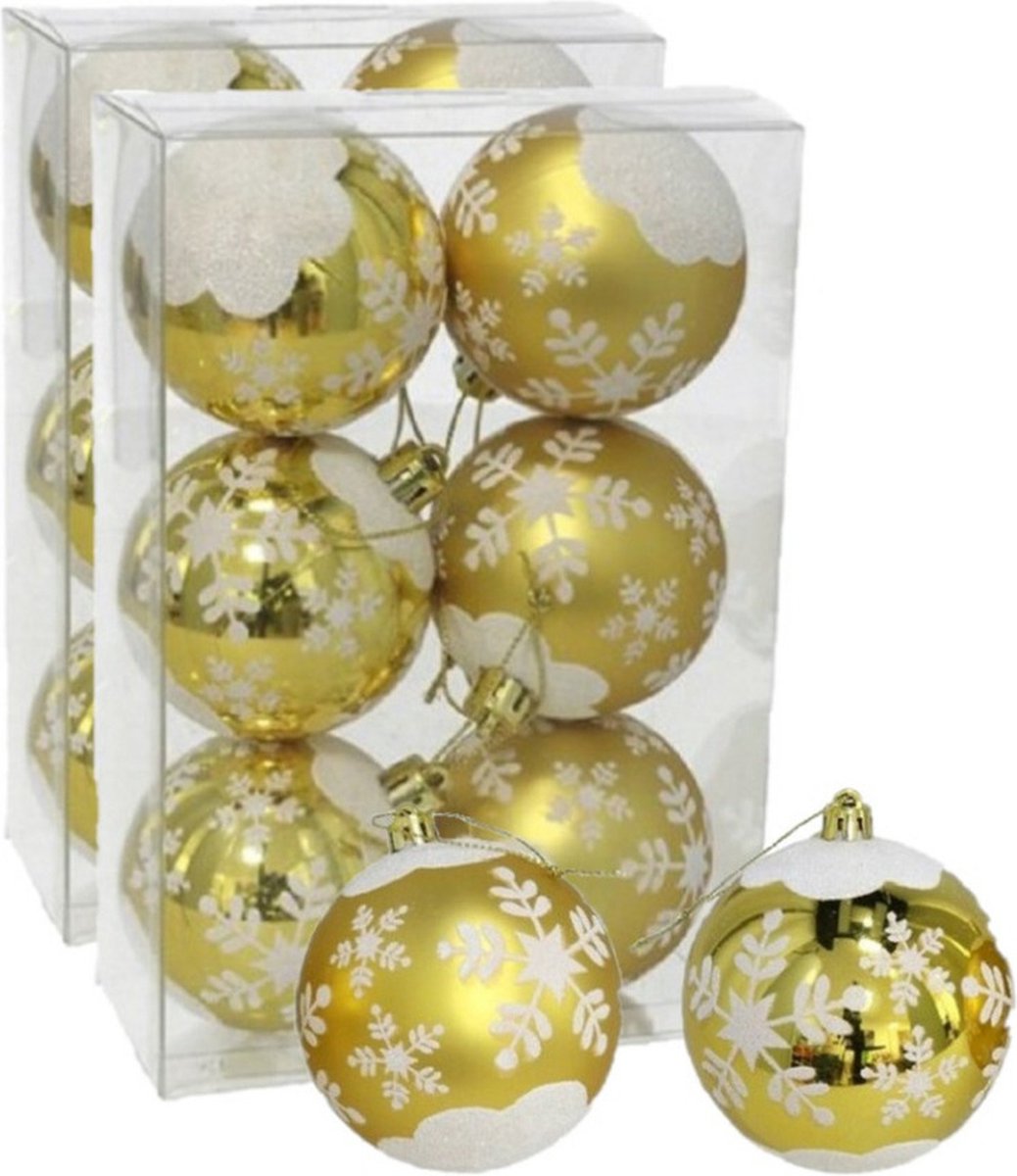 12x stuks gedecoreerde kerstballen goud kunststof diameter 6 cm - Kerstboom versiering