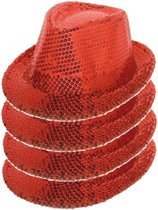 4x stuks rood trilby glitter party hoedjes met pailletten - carnaval verkleed hoeden