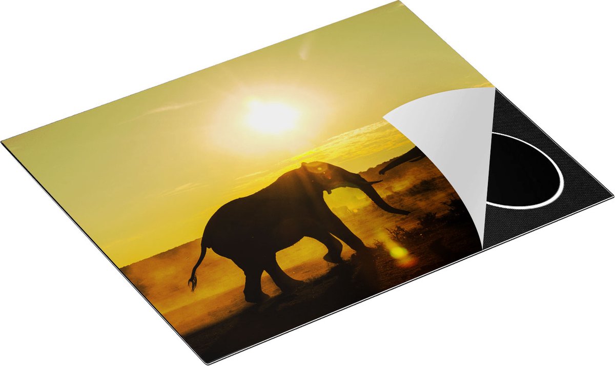 Chefcare Inductie Beschermer Twee Olifanten spelen tijdens Zonsondergang - 65x50 cm - Afdekplaat Inductie - Kookplaat Beschermer - Inductie Mat