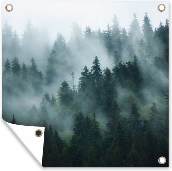 Tuinposter - Mist - Bomen - Bos - 200x200 cm - Schuttingposter - Natuur - Muurdecoratie - Wanddecoratie - Tuindoek - Buitenposter