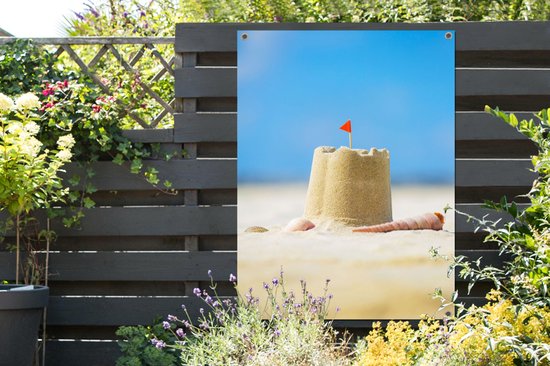 Affiche de jardin - Plage - Zandkasteel - Coquillages - Drapeau - Été - 90x120 cm - Décoration murale extérieur - Toile jardin - Décoration de jardin - Jardin