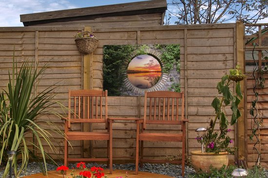 Affiche de jardin - Lac - Vue à travers - Soleil - Water - Toile de clôture - 60x40 cm - Peinture de jardin - Toile de jardin