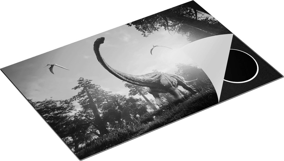 Chefcare Inductie Beschermer Diplodocus Dinosauriër in het Bos - Zwart Wit - 80x50 cm - Afdekplaat Inductie - Kookplaat Beschermer - Inductie Mat