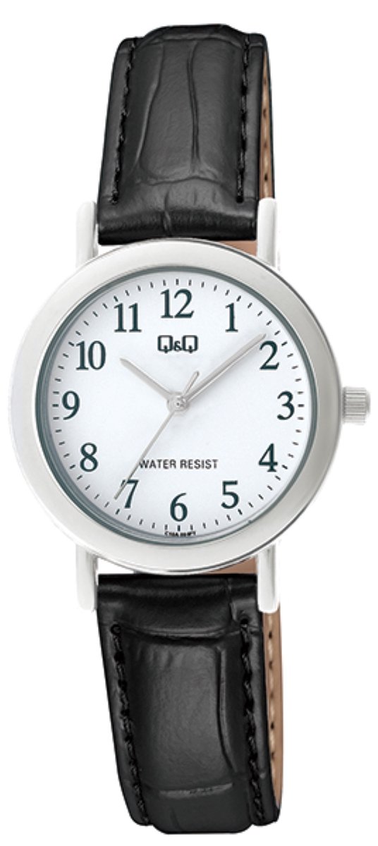 QQ-Dames horloge-duidelijke wijzerplaat-zilverkleurig-30MM-Zwart lederen band.