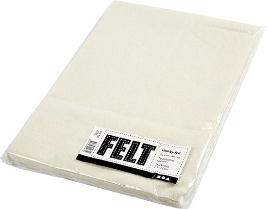 Pakket hobbyvilt 21x30cm, 10 vellen off-white, 1.5-2mm dik.