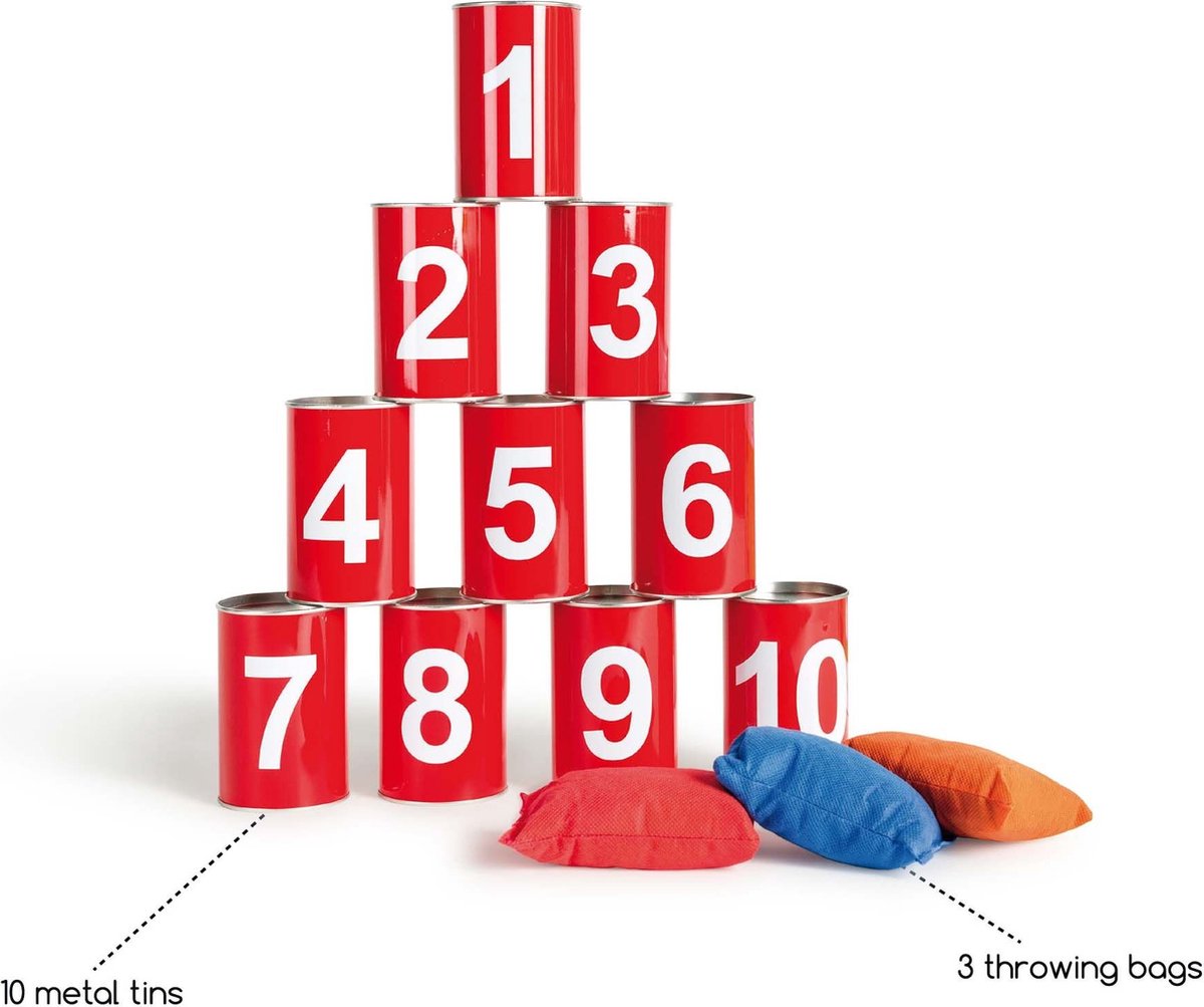 BS Toys Blikgooien Werpspel - Speelgoed Pittenzak Gooien - Kinderspeelgoed vanaf 3 Jaar - Buitenspeelgoed - 10 Blikken - Rood - Spelletjes voor kinderen - Buiten speelgoed - Buitenspel - Buiten Spellen - Tuin Speelgoed - Cadeau kind — afbeelding 7