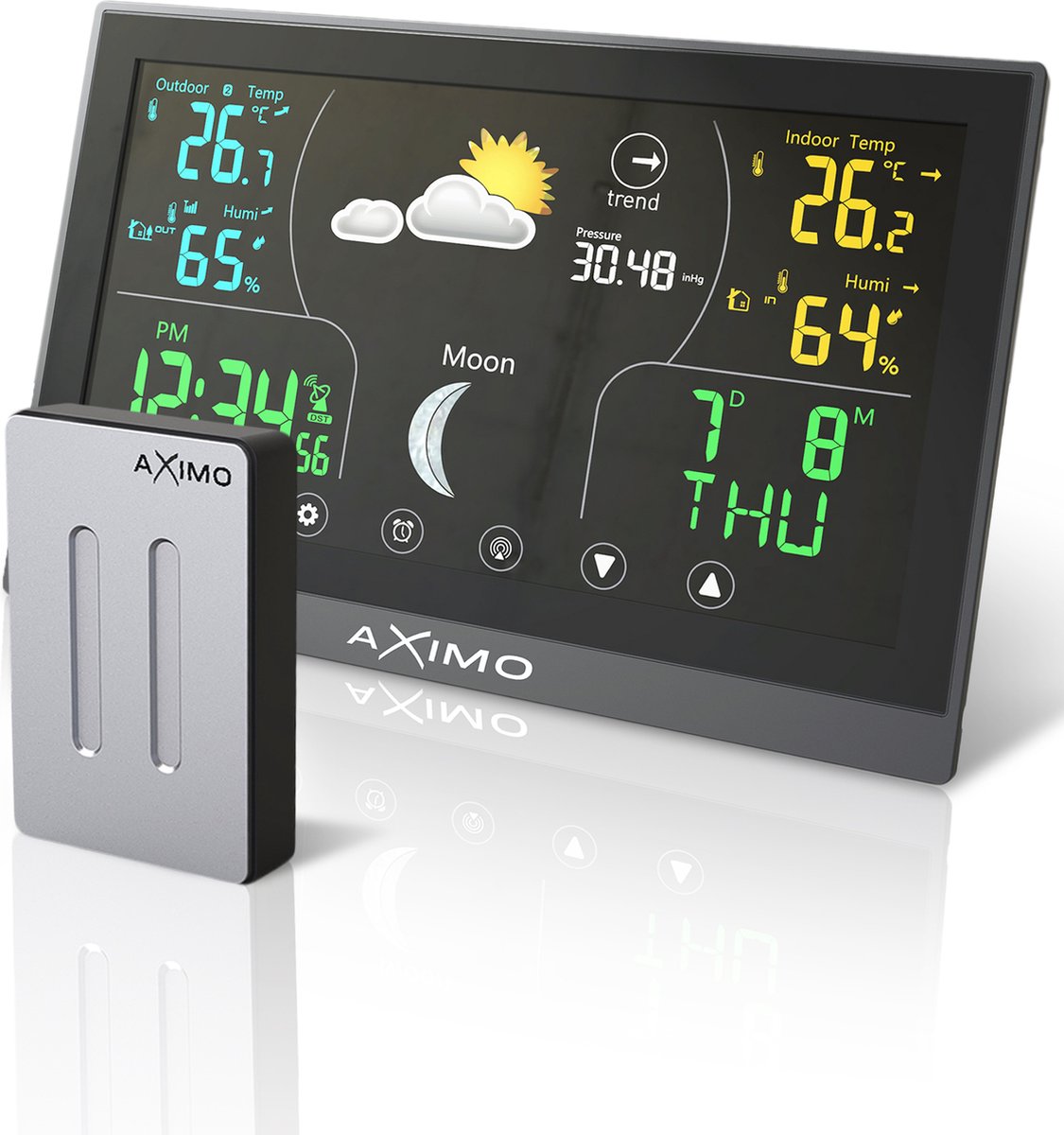 AXIMO Weerstation binnen en buiten – Draadloos weerstation met buitensensor - Touchscreen kleurendisplay - Binnen- en buitentemperatuur - Barometer - Weersvoorspelling
