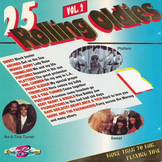 Albumhoes met '25 Rolling Oldies Vol. 2' in grote letters. Links foto van Ike & Tina Turner, rechts foto's van de groep The Platters en de band Sweet.
