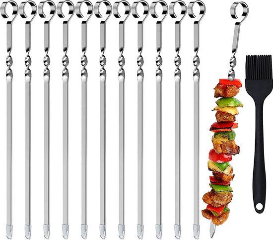 BOTC Spiezen Set Van 10 - Met Siliconen Borstel & Opbergtasje - 36cm Lengte - BBQ gereedschap - BBQ accessoires