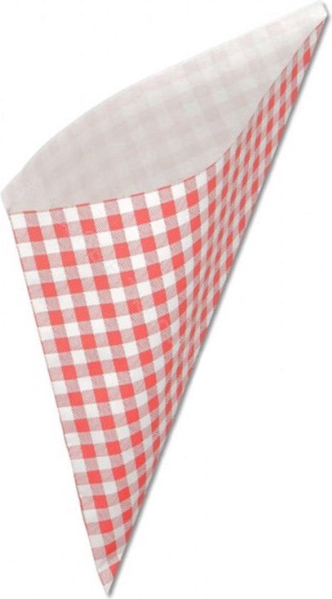 Wegwerp puntzak met rode ruiten patroon, wit aan de binnenkant.
