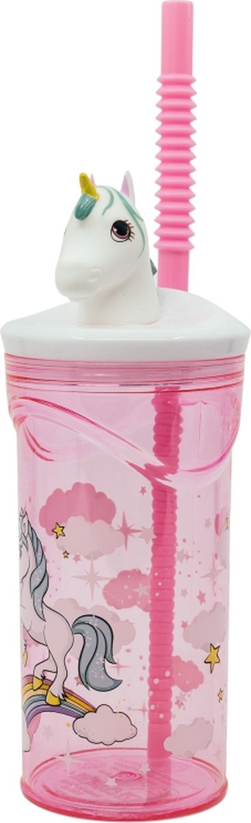 Drinkfles voor meisjes - Waterfles - 360ml - Met 3D Witte eenhoorn - Roze