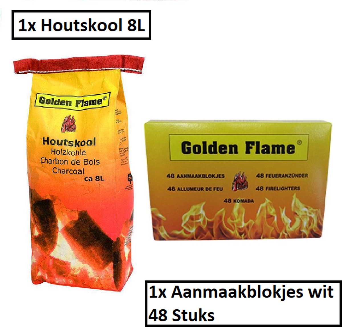 Golden Flame Combi – Houtskool 8L – Aanmaakblokjes 48 Stuks