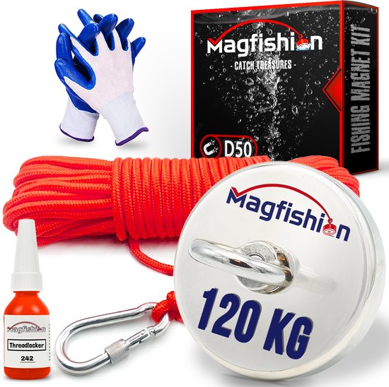 Magfishion Magneetvissen Set - 120 KG - Vismagneet - 20 Meter Lang Touw + Karabijnhaak met Schroefsluiting - Handschoenen - Borgmiddel - Magneetvissen Starterspakket - Magneet Vissen - Outdoor