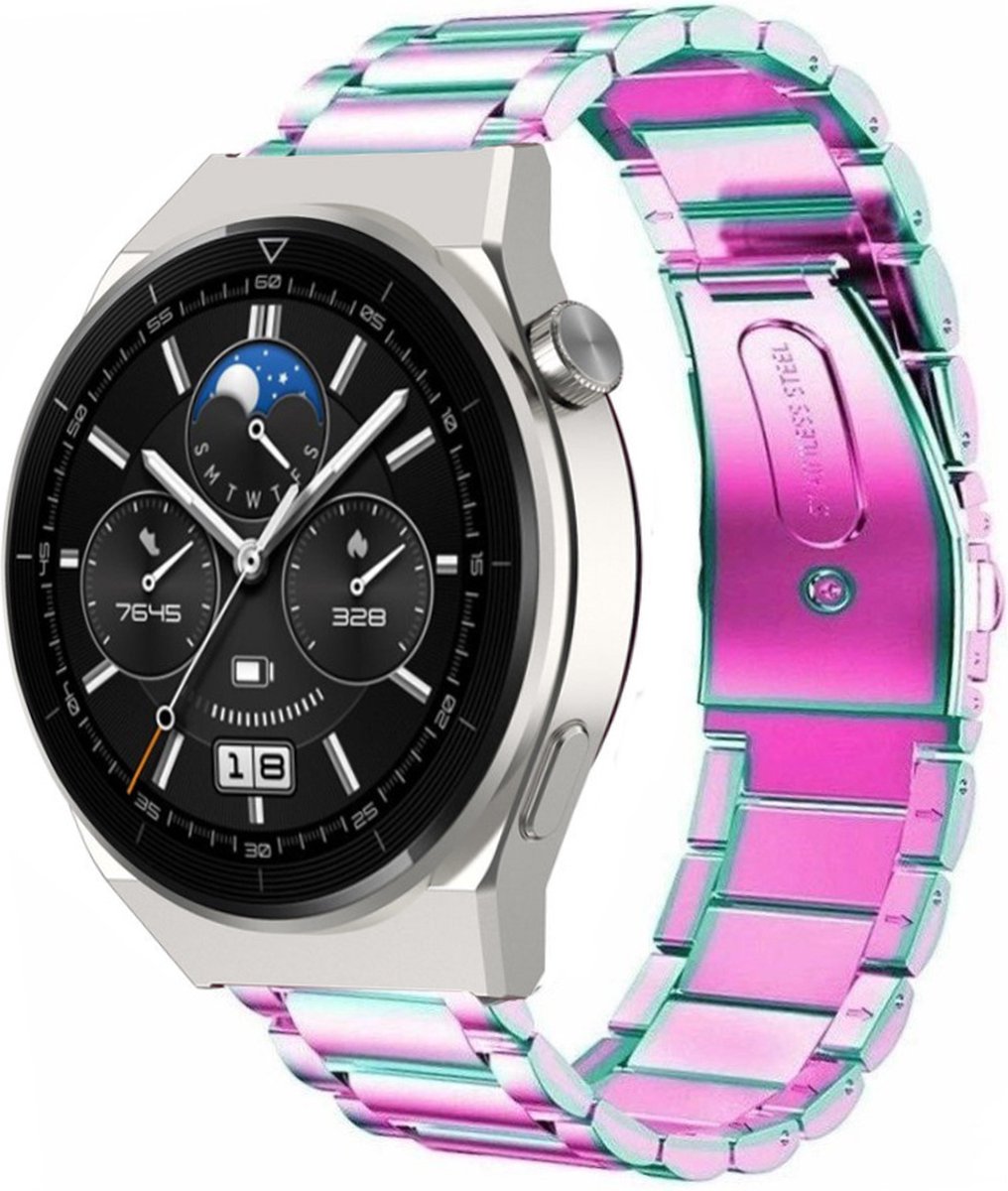 Strap-it Stalen schakel bandje - geschikt voor Huawei Watch GT / GT 2 / GT 3 / GT 3 Pro 46mm / GT 4 46mm / GT 5 & 5 Pro (46mm) / GT 4 46mm / GT 5 & 5 Pro (46mm) / GT 2 Pro / GT Runner / Watch 3 - Pro / Watch 4 (Pro) / Watch Ultimate - regenboog