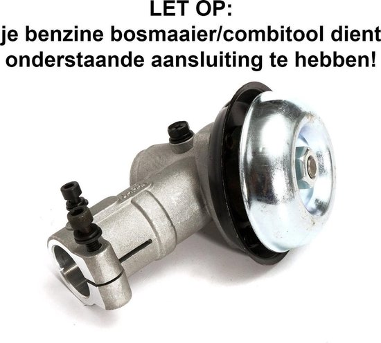 Gedetailleerde afbeelding van de aansluiting van een bosmaaier/combitooldop. Tekst: LET OP: je benzine bosmaaier/combitool dient onderstaande aansluiting te hebben!