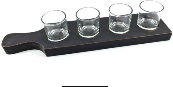 Woodart waxinehouder 4 glaasjes op houten plank blackwash
