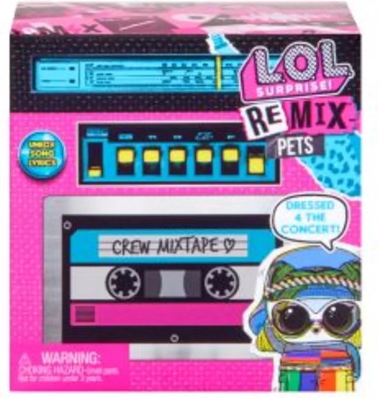 Doos van L.O.L. Surprise! Remix Pets met cassettebandje en een pop met zonnebril en kleurrijke kleding.