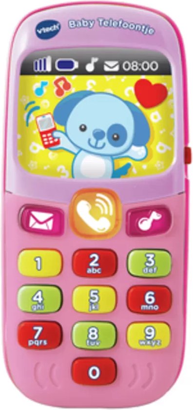 Roze VTech Baby Telefoon met een hondje op het scherm.