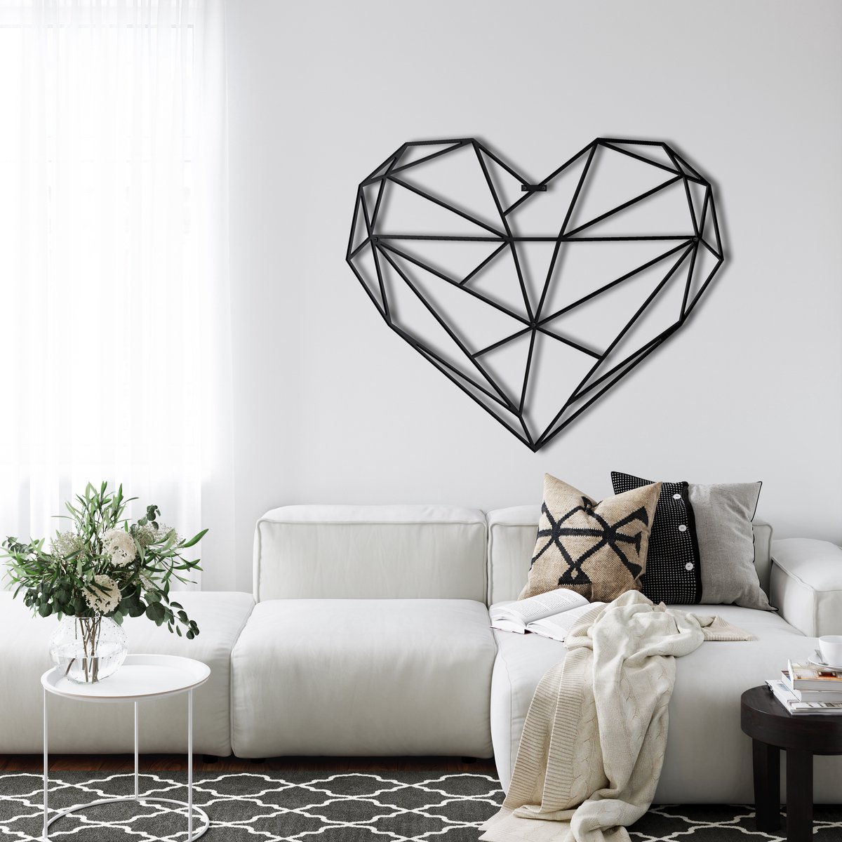 Wanddecoratie | Geometrisch Hart / Geometric Heart| Metal - Wall Art | Muurdecoratie | Woonkamer |Zwart| 61x51cm
