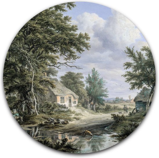 Wandcirkel Boerderijen aan de rand van een bos - WallCatcher | Acrylglas 140 cm | Rond schilderij | Muurcirkel Meesterwerk van Egbert van Drielst