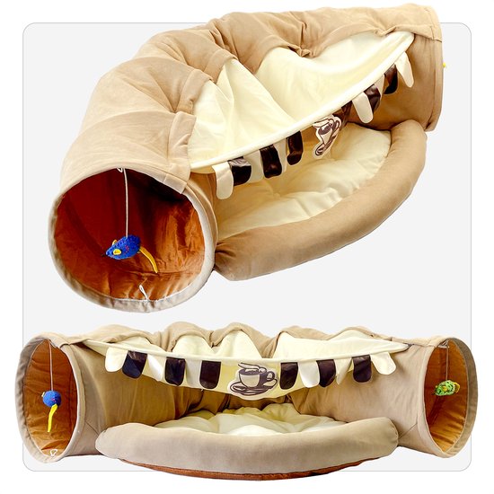 Ayoo® Kattentunnel – Kattenmand – Kattenbed – Kattenkussen – Kattenhuis – Speeltunnel Kat – Kattentunnel Met Kattenmand – Poezenmand – Konijnentunnel – Bruin