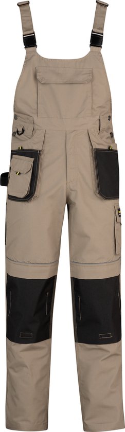 Salopette kaki avec genouillères et poches noires. Bretelles réglables et multiples poches.