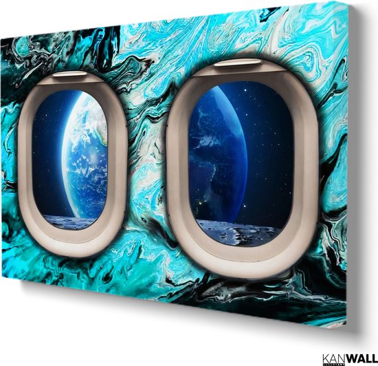 Luxe Canvas Schilderij Vliegtuigraam Blauw | 40x60 | Woonkamer | Slaapkamer | Kantoor | Muziek | Design | Art | Modern | ** 4CM DIK! 3D EFFECT**