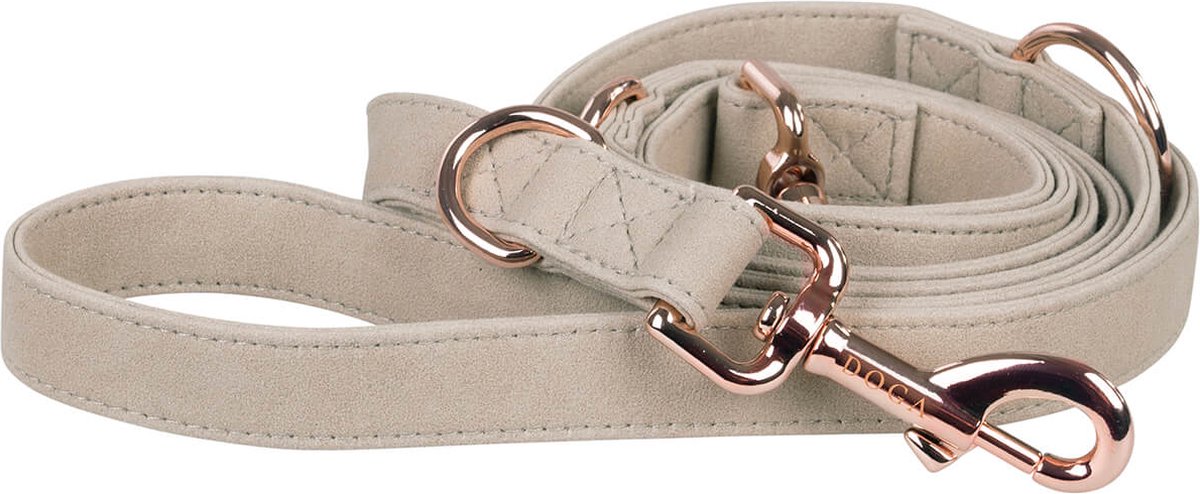 DOGA Hondenriem – Uitlaatriem – Steengrijs – Roségoud – Verstelbare riem – Lange lijn – Vegan leer – 200 cm – maat S – bijpassende halsband en dispenser mogelijk