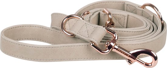 DOGA Hondenriem - Uitlaatriem - Steengrijs - Roségoud - Verstelbare riem - Lange lijn - Vegan leer - 200 cm - maat S - bijpassende halsband en dispenser mogelijk