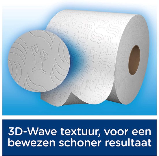 Een rol Page toiletpapier met 3D-Wave textuur en een close-up van het patroon met een konijn.