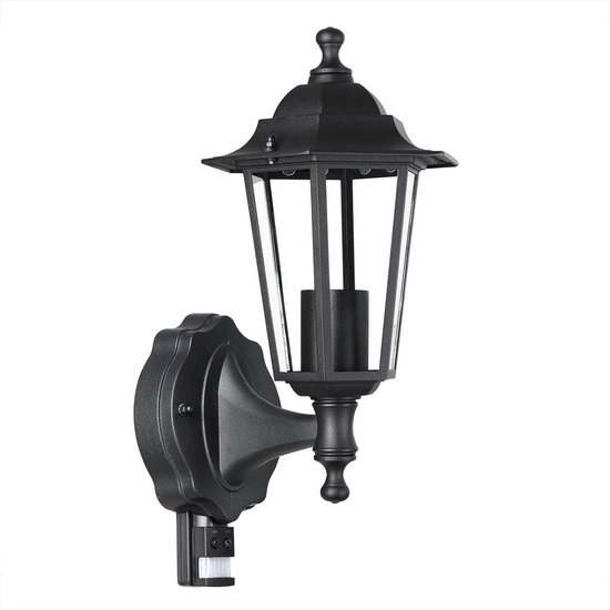 Zwarte buitenwandlamp met bewegingssensor aan de onderzijde, geïsoleerd op een witte achtergrond.