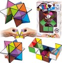 Collage van de Clown Magic Cube 2-in-1: een ster-vormige kubus, handen die de kubus veranderen, en een slang-vormige kubus.