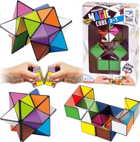 Collage van de Clown Magic Cube 2-in-1: een ster-vormige kubus, handen die de kubus veranderen, en een slang-vormige kubus.