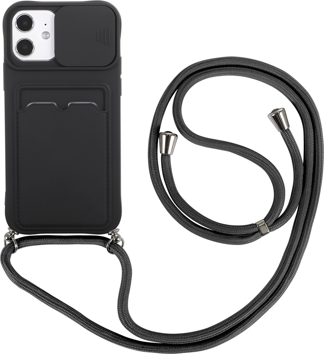 Hoesje geschikt voor iPhone SE 2022 - Backcover - Koord - Pasjeshouder - Portemonnee - TPU - Zwart