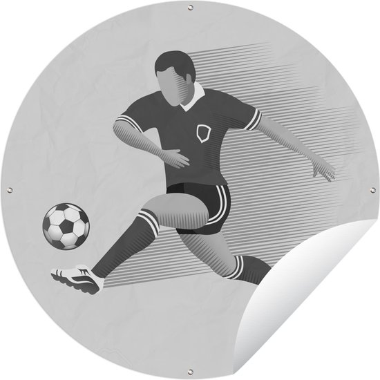 Tuincirkel Een illustratie van een persoon die een voetbal wegschiet - Meiden - Jongetjes - Kinderen - 150x150 cm - Ronde Tuinposter - Buiten