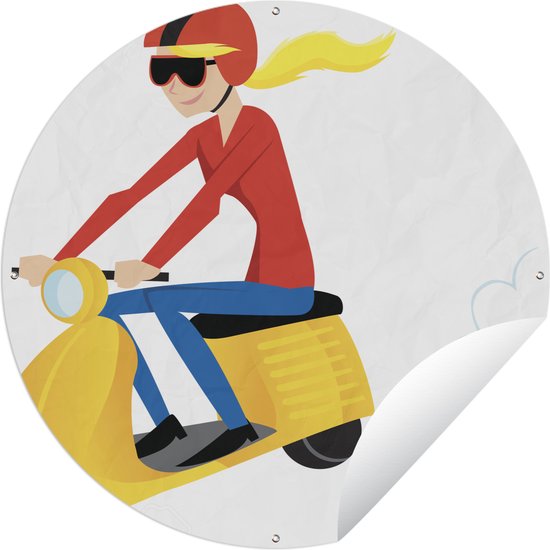 Tuincirkel Illustratie van een meisje op een gele Vespa - 60x60 cm - Ronde Tuinposter - Buiten