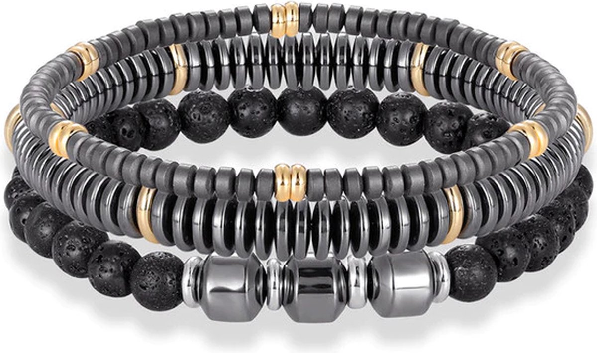 Mannen armband verstelbaar - Lichtgrijs en en lavasteen kralen - 19 cm, 20 cm of 21 cm - Luxe armbanden set - Armbanden heren natuursteen - Set van 3 armbanden