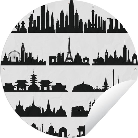 Tuincirkel Zwart-wit illustratie van de skyline van steden met bezienswaardigheden - 90x90 cm - Ronde Tuinposter - Buiten